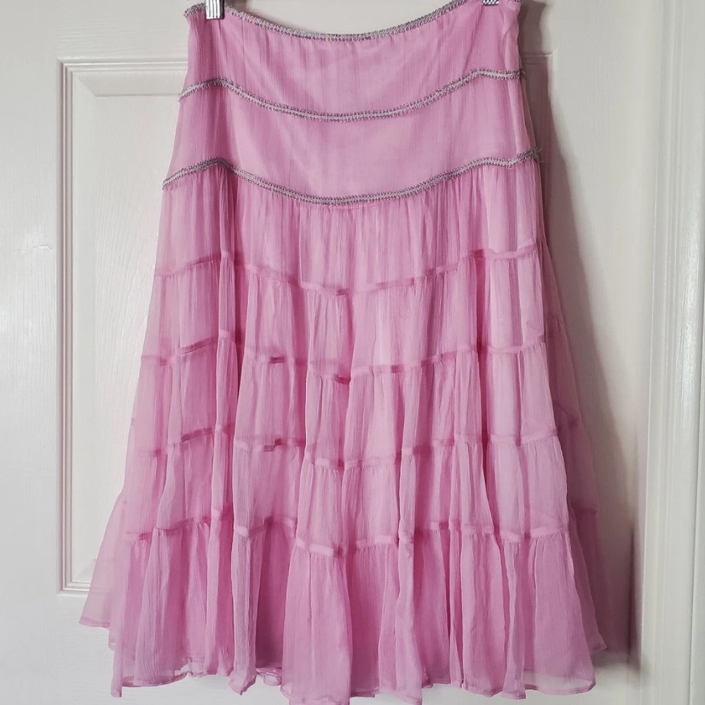 LAUNDRY by Shelli Segal Vintage Pink Tiered Silk Midi Skirt